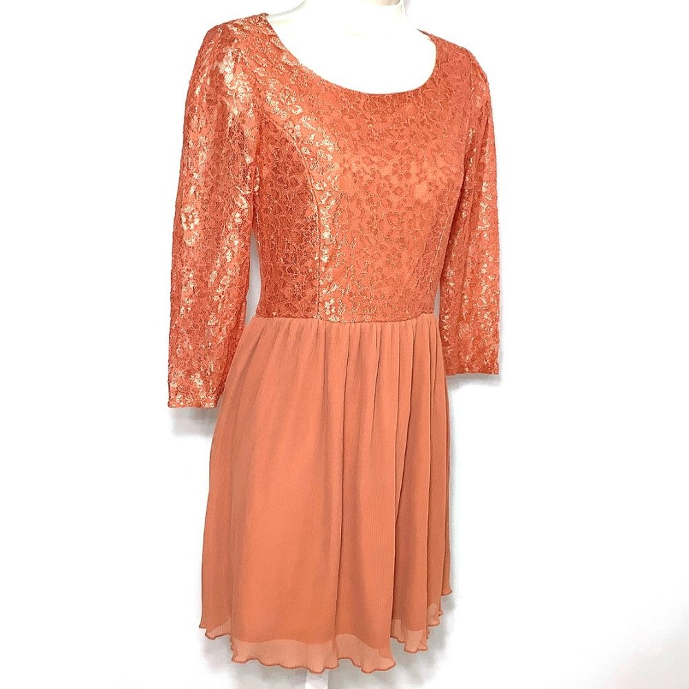 Lace Dress Pleated Orange Copper Ruffle Hem One Clothing Hidden Zipper Back M
